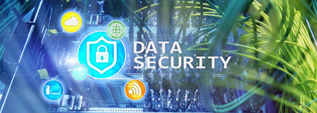 Data security, cyber crime prevention, Digital information protection. Lock icons and server room...