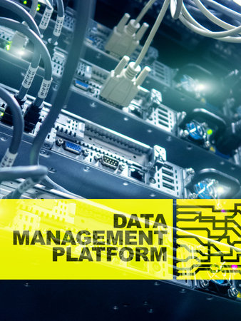Data management and analysis platform concept on server room background.