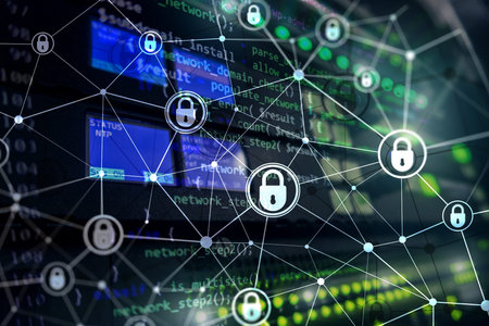 Cyber security, information privacy, data protection concept on modern server room background....