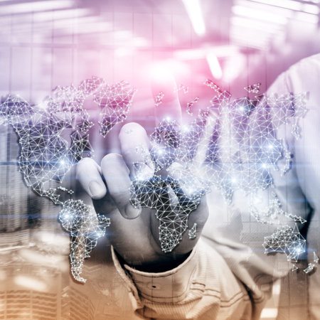 Global World Map Double Exposure Network. Telecommunication, International business Internet and...