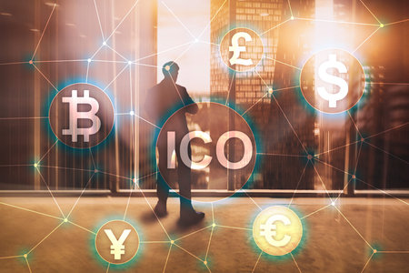 ICO - Initial coin offering, Blockchain and cryptocurrency concept on blurred business building...