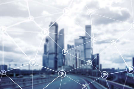 Wifi network on blurred business center background.の写真素材