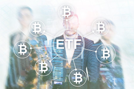 Bitcoin ETF cryptocurrency trading and investment concept on double exposure background.