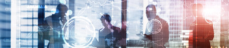 Business digital interface with graphs, charts, icons and timeline on blurred background. Website...