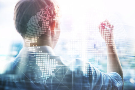 3D Earth hologram on blurred background.Global business and communication concept.