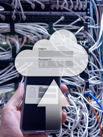 Cloud storage, data access, login and password request window on server room background. Internet...