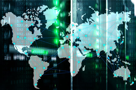 Internet and telecommunication concept with world map on server room background.