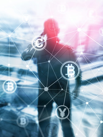 Double exposure Bitcoin and blockchain concept. Digital economy and currency trading. Abstract Cover...
