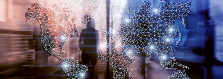 Global World Map Double Exposure Network. Telecommunication, International business Internet and technology concept.の写真素材