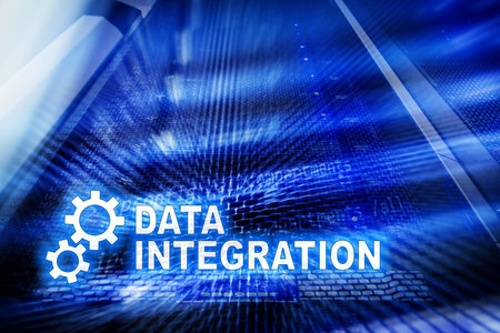 Data integration information technology concept on server room background.