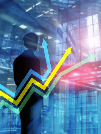 Financial growth arrows graph. Investment and trading concept. Abstract Cover Design Vertical Format.の写真素材
