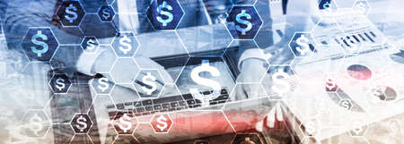 Dollars icons, money network structure. ICO, trading and investment. Crowdfunding.の写真素材