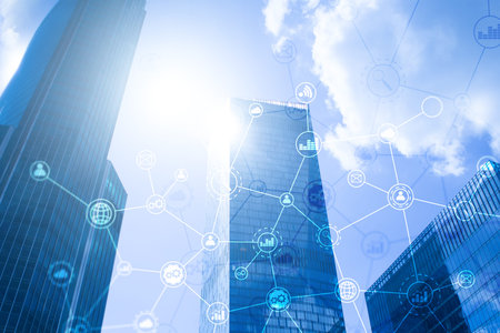 Double exposure Business organization structure on blurred background.