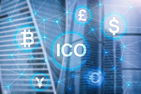 ICO - Initial coin offering, Blockchain and cryptocurrency concept on blurred business building...