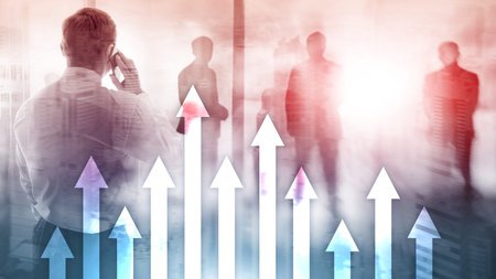 Up arrow graph on skyscraper background. Invesment and financial growth concept.