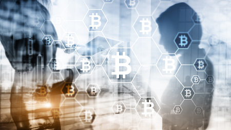 Bitcoin, Blockchain concept on server room background.