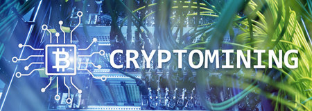 Cryptocurrency mining concept on server room background.