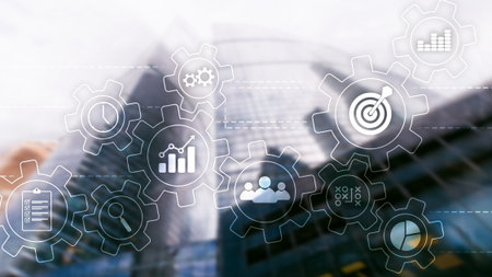 Business process automation concept. Gears and icons on abstract background.