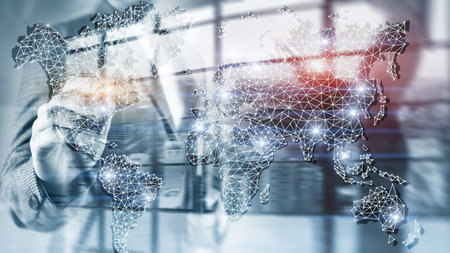 Global World Map Double Exposure Network. Telecommunication, International business Internet and...