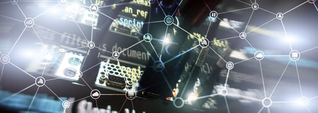Telecommunication concept with abstract network structure and server room background.