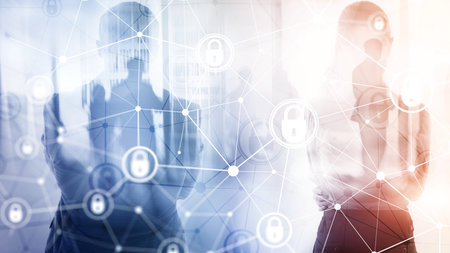 Cyber security, information privacy, data protection concept on modern server room background....