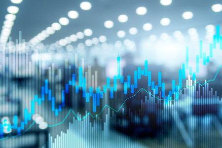 Stock trading candlestick chart and diagrams on blurred office center background.