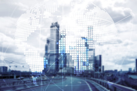 3D Earth hologram on blurred background.Global business and communication concept