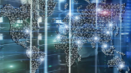 Global World Map Double Exposure Network. Telecommunication, International business Internet and technology conceptの写真素材