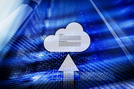 Cloud storage, data access, login and password request window on server room background. Internet...
