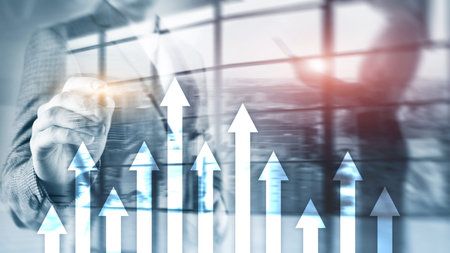 Up arrow graph on skyscraper background. Invesment and financial growth concept.