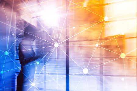 Blockchain network on blurred skyscrapers background. Financial technology and communication...