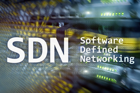 SDN, Software defined networking concept on modern server room background.