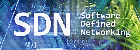 SDN, Software defined networking concept on modern server room background.