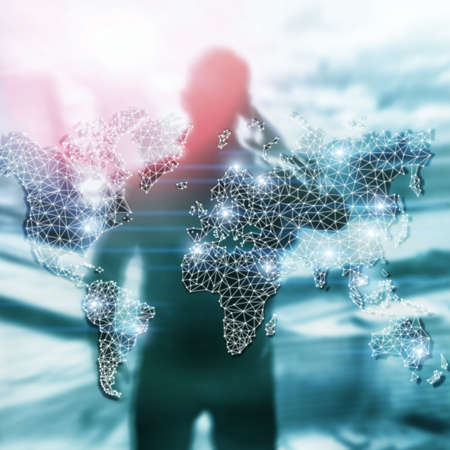 Global World Map Double Exposure Network. Telecommunication, International business Internet and technology concept.の写真素材