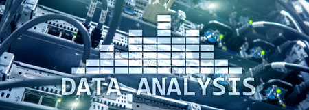 Big Data analysis text on server room background. Internet and modern technology concept.