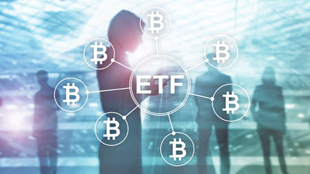 Bitcoin ETF cryptocurrency trading and investment concept on double exposure background.の写真素材