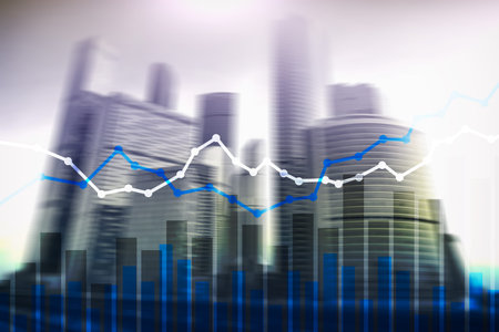 Double exposure financial graphs and diagrams. City business.