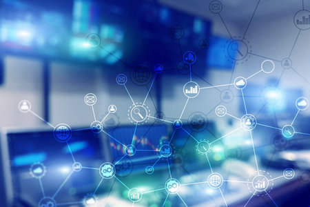 Double exposure Business organization structure on blurred background.