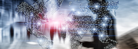 Global World Map Double Exposure Network. Telecommunication, International business Internet and...