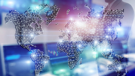 Global World Map Double Exposure Network. Telecommunication, International business Internet and...