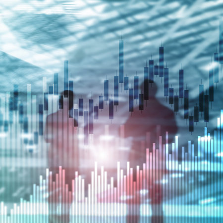 Stock trading candlestick chart and diagrams on blurred office center background.