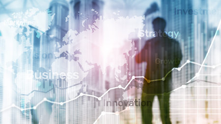 Business abstract background double exposure graph, chart and diagram. World wide map and. Global...