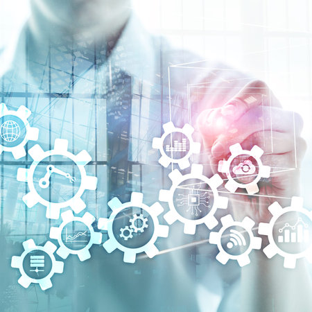 Automation technology and smart industry concept on blurred abstract background. Gears and icons.