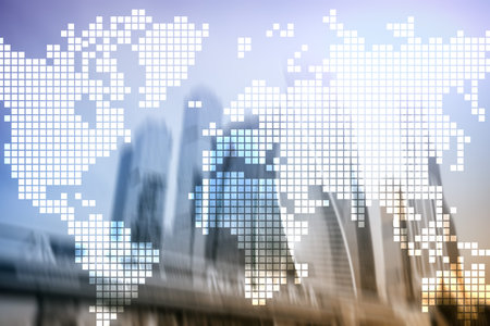 Double exposure world map on skyscraper background. Communication and global business concept.