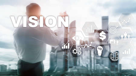 Vision concept. Business people and modern city on background. Virtual screen mixed media.の写真素材