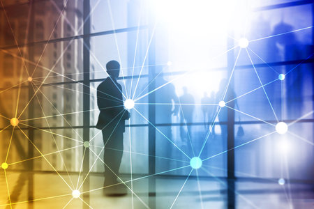 Blockchain network on blurred skyscrapers background. Financial technology and communication...