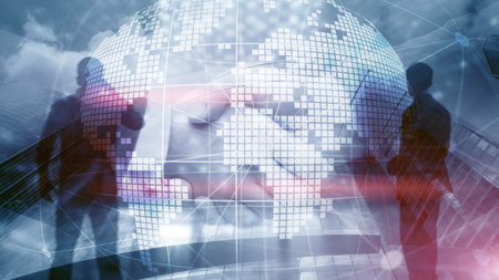 3D Earth hologram on blurred background.Global business and communication concept.