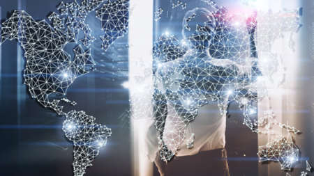 Global World Map Double Exposure Network. Telecommunication, International business Internet and technology concept.の写真素材