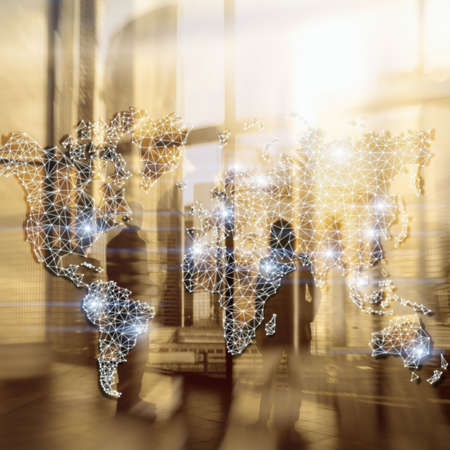 Global World Map Double Exposure Network. Telecommunication, International business Internet and technology concept.の写真素材