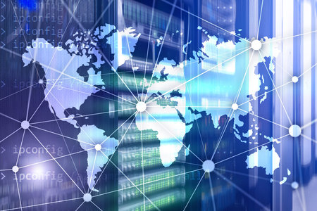 World map with communication network on server room background.の写真素材